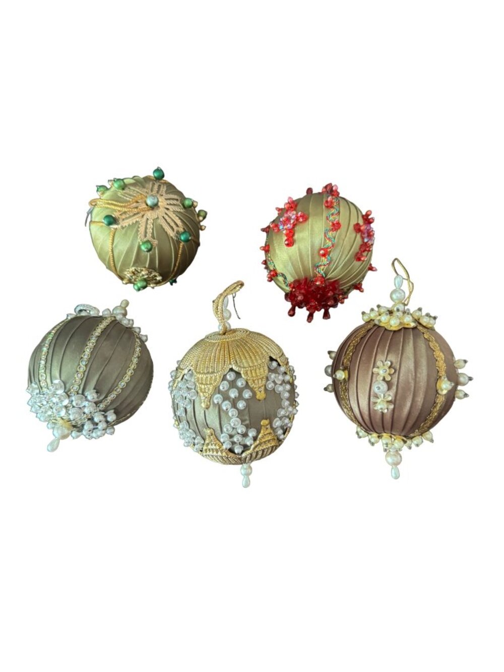 Vintage Satin & Beaded Christmas Ornaments Set Of 5 Beaded Retro Holiday Decor G